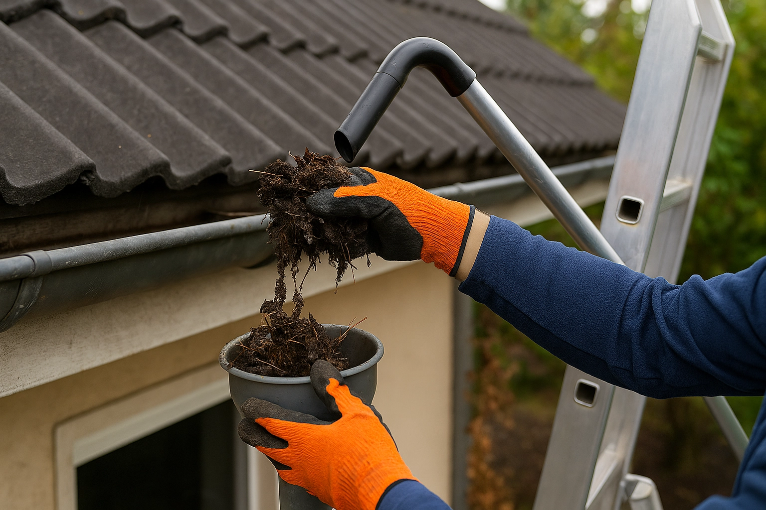 Dachrinnenreinigung durch Fachkraft mit Handschuhen beim Entfernen von Laub und Schmutz aus Regenrinne